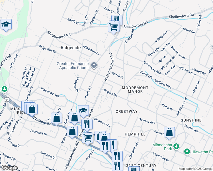 map of restaurants, bars, coffee shops, grocery stores, and more near 3606 Perry Street in Chattanooga