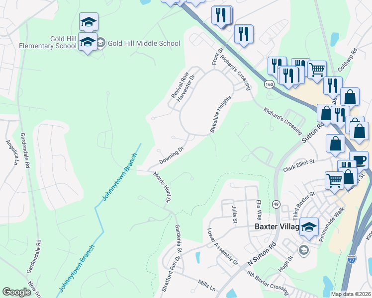map of restaurants, bars, coffee shops, grocery stores, and more near 5023 Downing Drive in Fort Mill