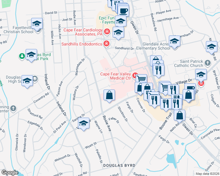 map of restaurants, bars, coffee shops, grocery stores, and more near 3521 Thomas Drive in Fayetteville