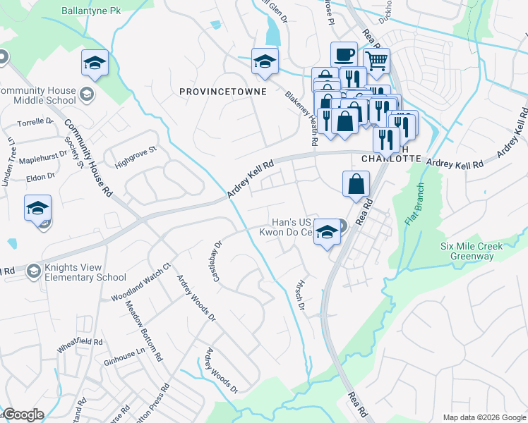 map of restaurants, bars, coffee shops, grocery stores, and more near 9028 Fairbridge Road in Charlotte