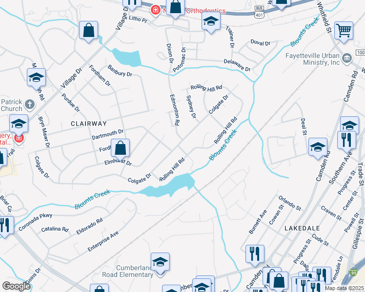 map of restaurants, bars, coffee shops, grocery stores, and more near 2701 Lake Club Drive in Fayetteville