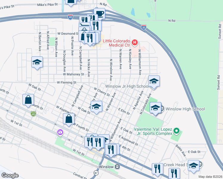 map of restaurants, bars, coffee shops, grocery stores, and more near 210 West Mulberry Street in Winslow