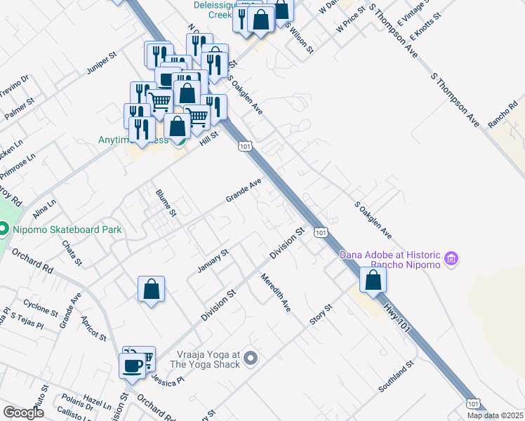 map of restaurants, bars, coffee shops, grocery stores, and more near 544 Linnet Lane in Nipomo