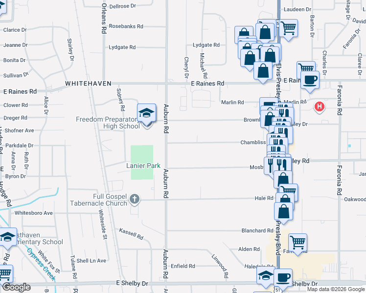 map of restaurants, bars, coffee shops, grocery stores, and more near 933 Chambliss Road in Memphis