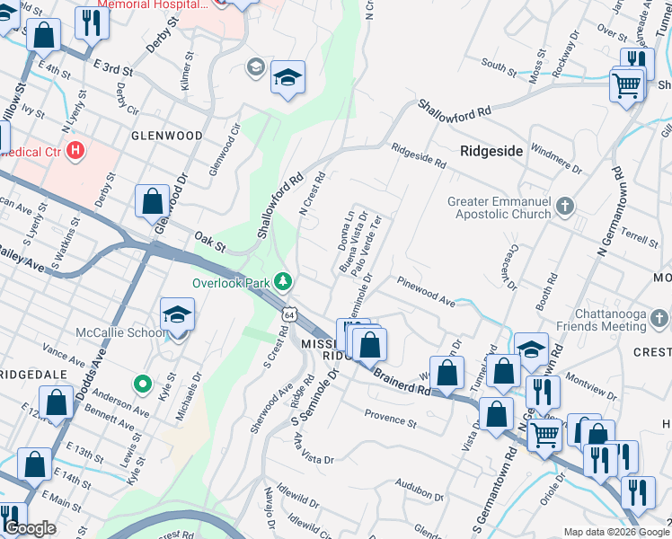 map of restaurants, bars, coffee shops, grocery stores, and more near 3118 Colyar Drive in Chattanooga