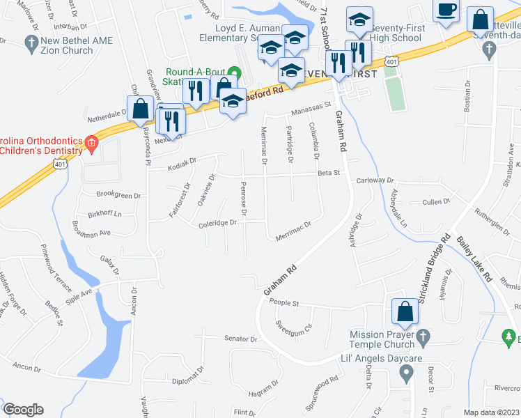 map of restaurants, bars, coffee shops, grocery stores, and more near 1962 Merrimac Drive in Fayetteville