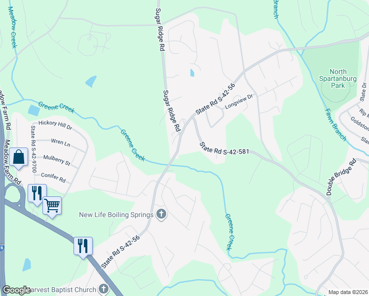 map of restaurants, bars, coffee shops, grocery stores, and more near 111 Audbree Court in Boiling Springs