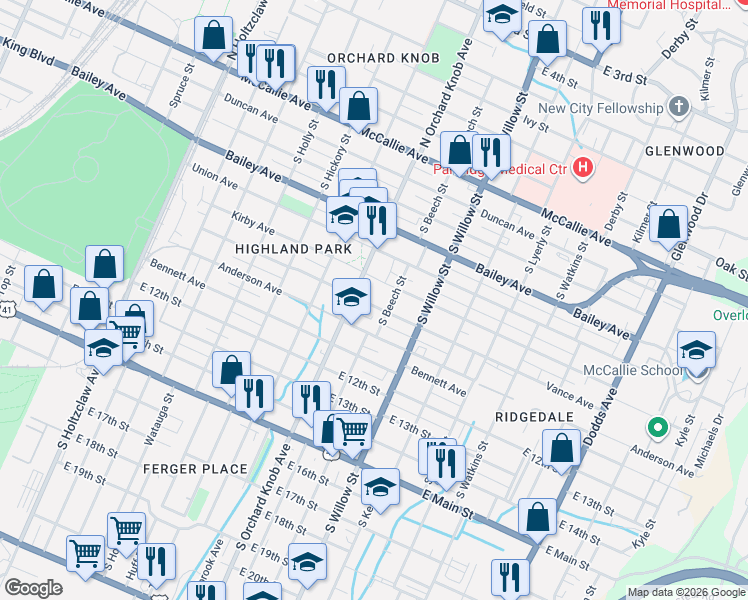 map of restaurants, bars, coffee shops, grocery stores, and more near 1911 Vance Avenue in Chattanooga