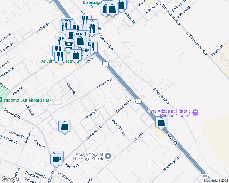map of restaurants, bars, coffee shops, grocery stores, and more near 387 Avenida De Amigos in Nipomo