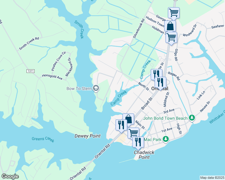 map of restaurants, bars, coffee shops, grocery stores, and more near 165 Blackwell Point Road in Oriental