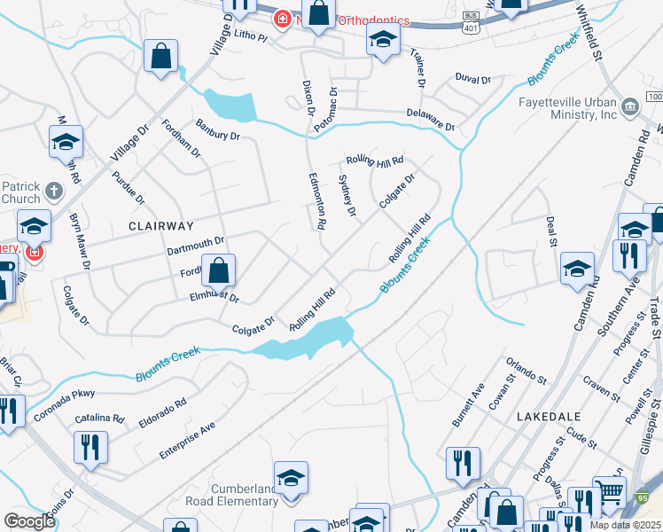 map of restaurants, bars, coffee shops, grocery stores, and more near 2701 Lake Club Drive in Fayetteville