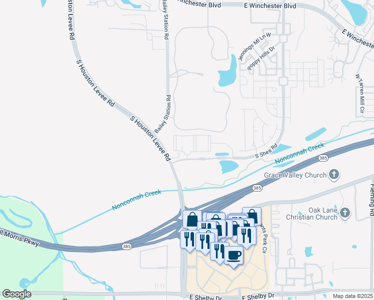 map of restaurants, bars, coffee shops, grocery stores, and more near 1662 South Shea Road in Collierville