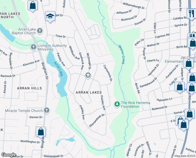 map of restaurants, bars, coffee shops, grocery stores, and more near 5908 Ormskirk Drive in Fayetteville