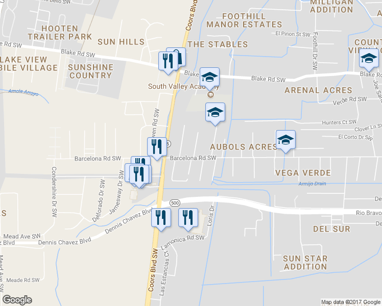 map of restaurants, bars, coffee shops, grocery stores, and more near 3045 Dover Road Southwest in Albuquerque