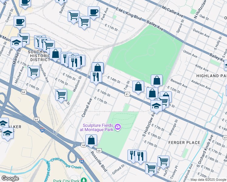 map of restaurants, bars, coffee shops, grocery stores, and more near 1004 East Main Street in Chattanooga