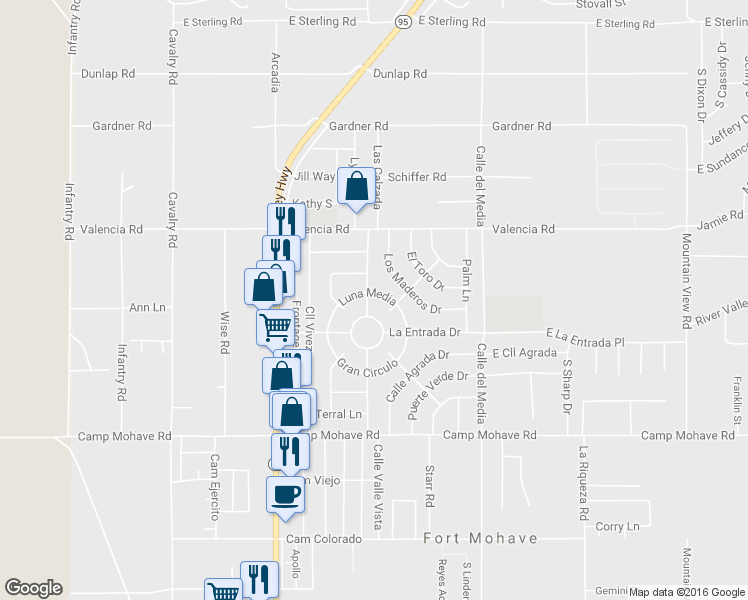 map of restaurants, bars, coffee shops, grocery stores, and more near 1619 Luna Media in Fort Mohave