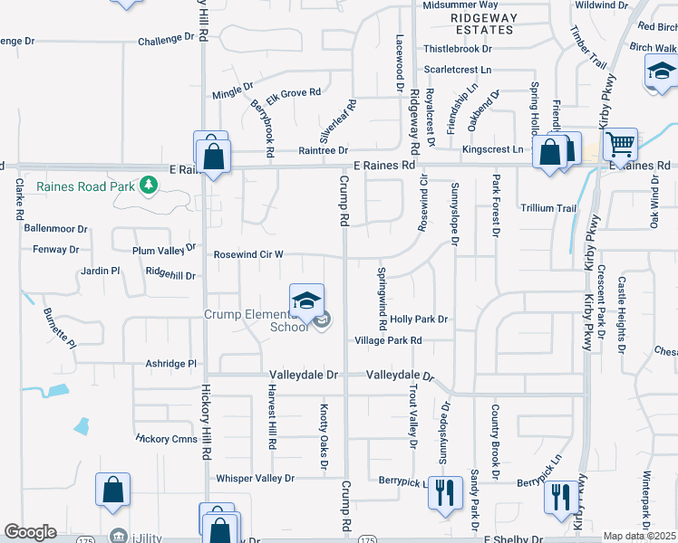 map of restaurants, bars, coffee shops, grocery stores, and more near 4315 Crump Road in Memphis