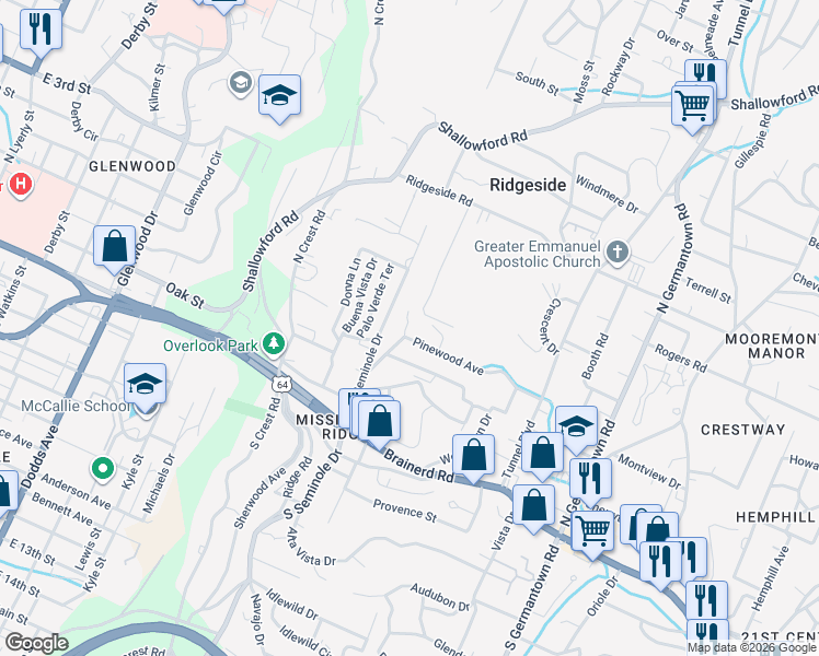 map of restaurants, bars, coffee shops, grocery stores, and more near 3301 Pinewood Avenue in Chattanooga