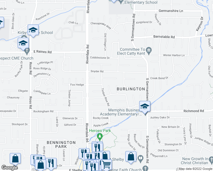 map of restaurants, bars, coffee shops, grocery stores, and more near 4305 Crimson Leaf Cove in Memphis