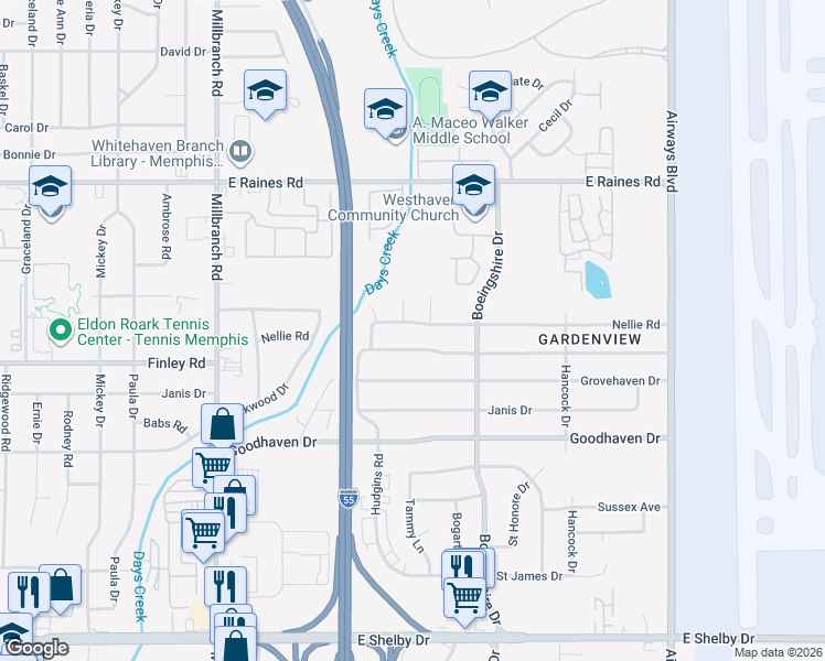 map of restaurants, bars, coffee shops, grocery stores, and more near 1923 Nellie Road in Memphis