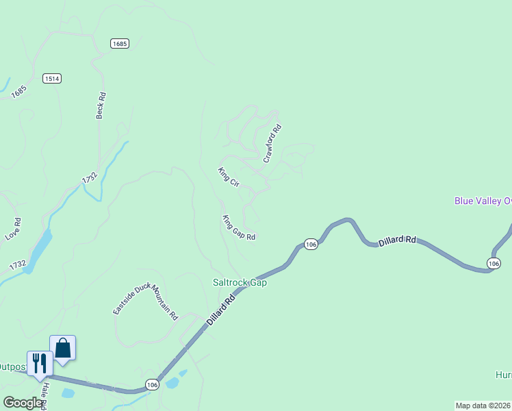 map of restaurants, bars, coffee shops, grocery stores, and more near 28 King Gap Road in Highlands