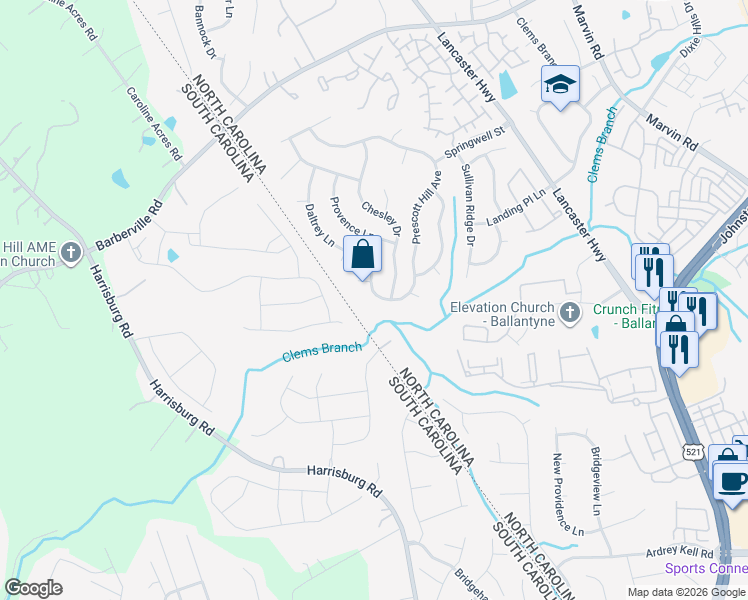 map of restaurants, bars, coffee shops, grocery stores, and more near 12538 Chesley Drive in Charlotte