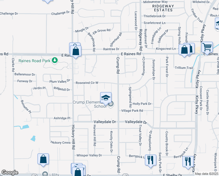 map of restaurants, bars, coffee shops, grocery stores, and more near 4311 Thistleway Drive in Memphis