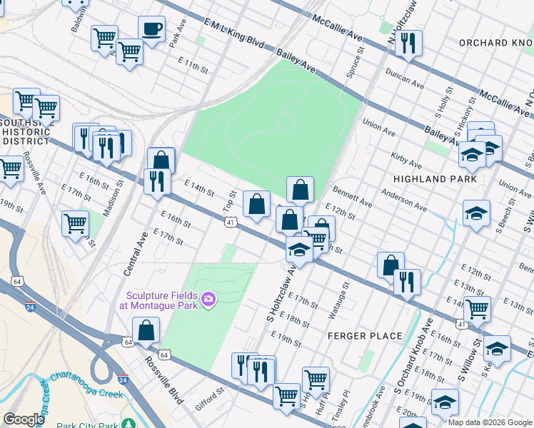map of restaurants, bars, coffee shops, grocery stores, and more near 1131 East 14th Street in Chattanooga