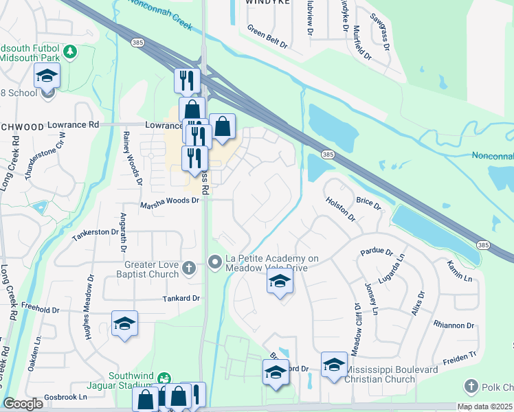 map of restaurants, bars, coffee shops, grocery stores, and more near 8111 Meadowmoor Cove in Memphis