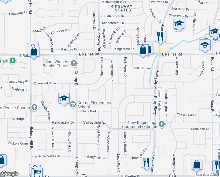 map of restaurants, bars, coffee shops, grocery stores, and more near 4313 Sunnyslope Drive in Memphis