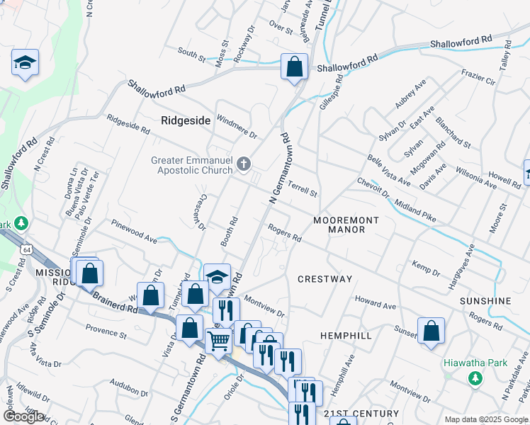 map of restaurants, bars, coffee shops, grocery stores, and more near 513 North Germantown Road in Chattanooga