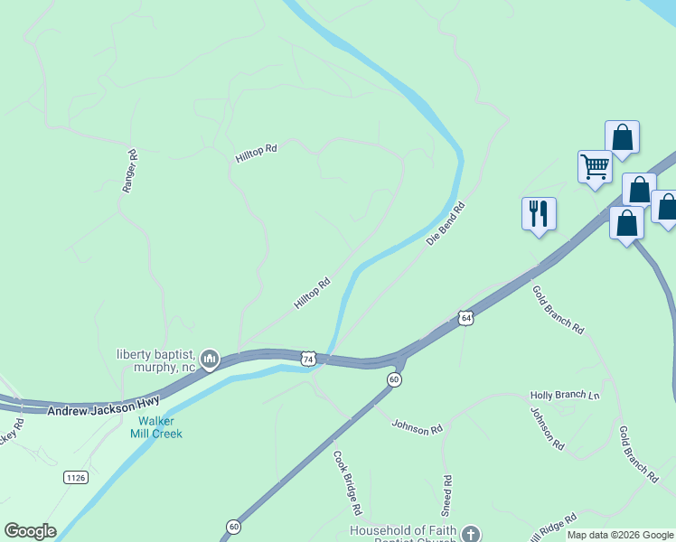 map of restaurants, bars, coffee shops, grocery stores, and more near 1415 Hilltop Road in Murphy