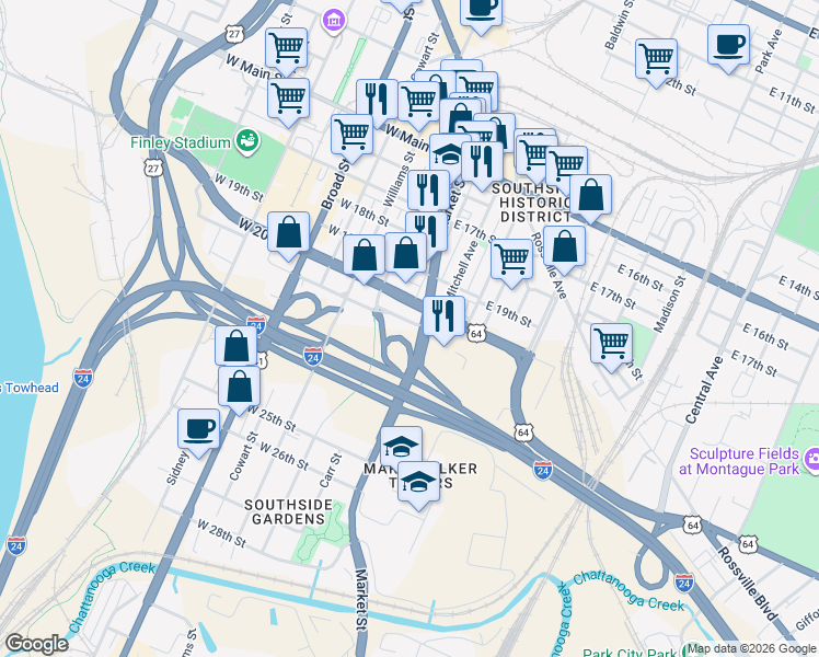 map of restaurants, bars, coffee shops, grocery stores, and more near 18 West 21st Street in Chattanooga