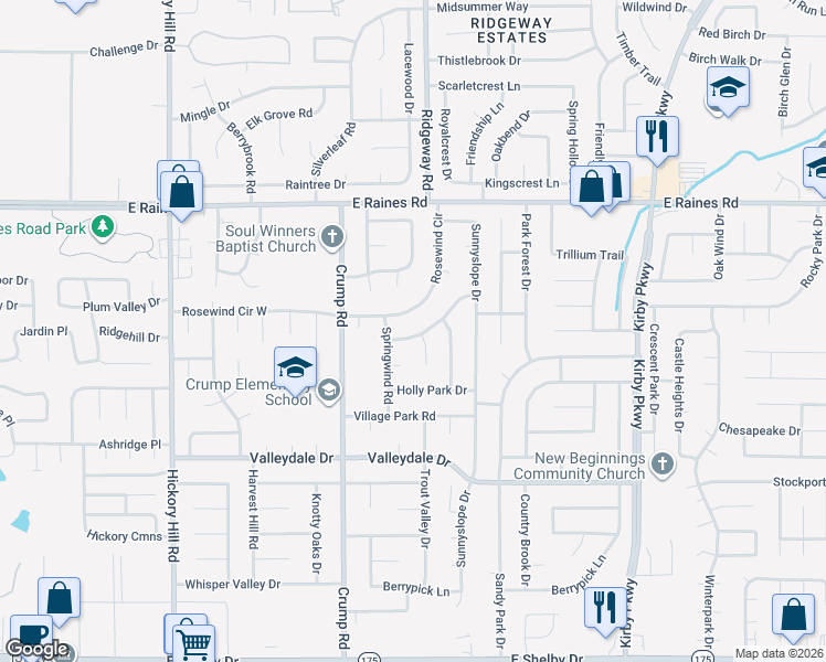 map of restaurants, bars, coffee shops, grocery stores, and more near 4252 Rosewind Circle in Memphis