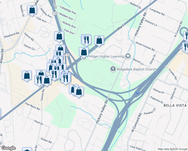 map of restaurants, bars, coffee shops, grocery stores, and more near 6694 Hickory Manor Circle in Chattanooga