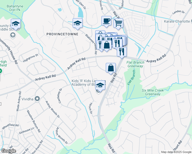 map of restaurants, bars, coffee shops, grocery stores, and more near 8958 Kirkley View Court in Charlotte