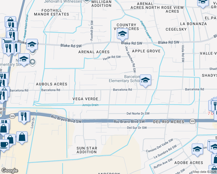 map of restaurants, bars, coffee shops, grocery stores, and more near 2619 Barcelona Road Southwest in Albuquerque