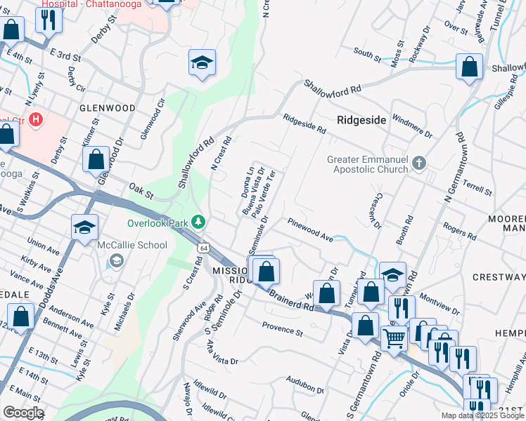 map of restaurants, bars, coffee shops, grocery stores, and more near 203 North Seminole Drive in Chattanooga