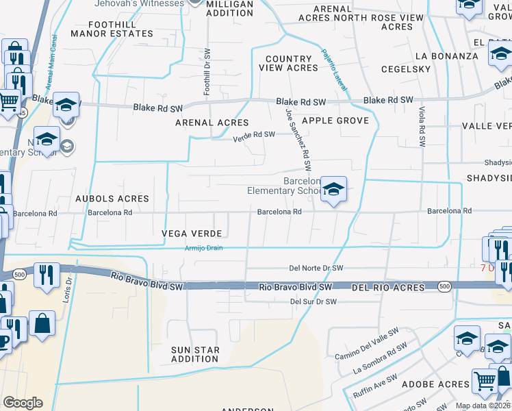 map of restaurants, bars, coffee shops, grocery stores, and more near 2619 Barcelona Rd SW in Albuquerque