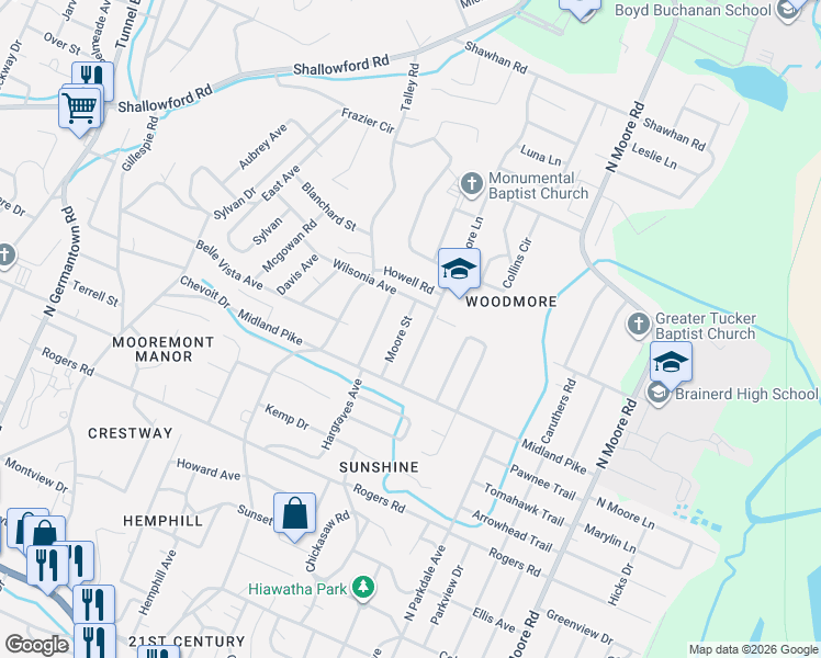 map of restaurants, bars, coffee shops, grocery stores, and more near 724 Moore Street in Chattanooga
