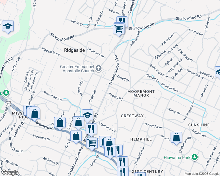 map of restaurants, bars, coffee shops, grocery stores, and more near 3606 Perry Street in Chattanooga