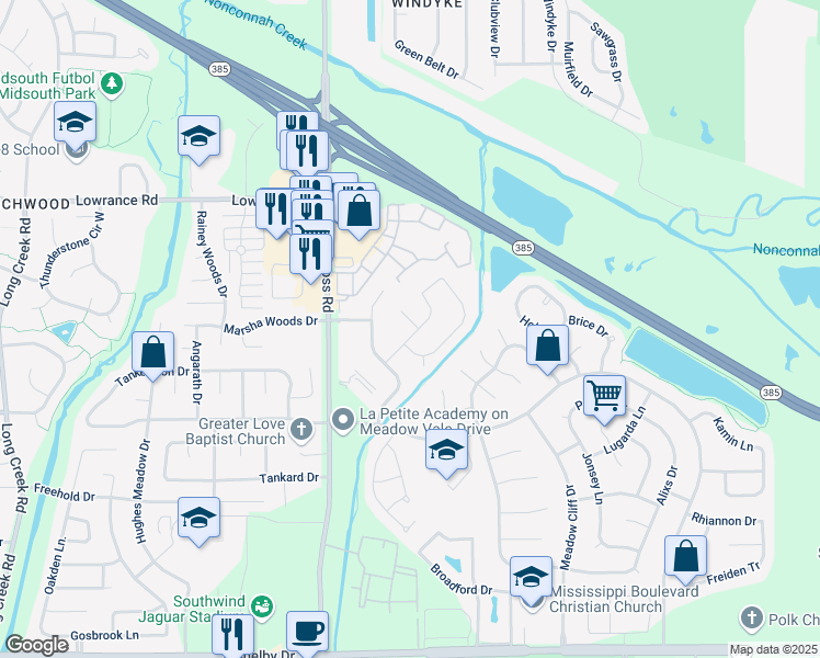 map of restaurants, bars, coffee shops, grocery stores, and more near 8111 Meadowmoor Cove in Memphis