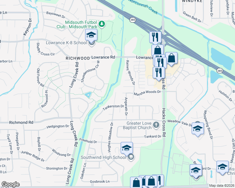 map of restaurants, bars, coffee shops, grocery stores, and more near 4294 Hughes Meadow Cove in Memphis
