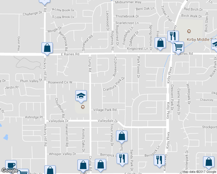map of restaurants, bars, coffee shops, grocery stores, and more near 4252 Rosewind Circle in Memphis