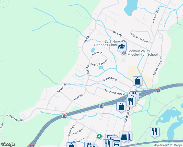 map of restaurants, bars, coffee shops, grocery stores, and more near 218 Isbill Road in Chattanooga