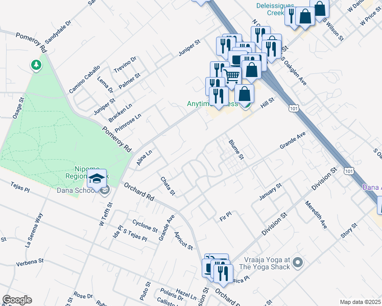 map of restaurants, bars, coffee shops, grocery stores, and more near 785 Tanis Place in Nipomo