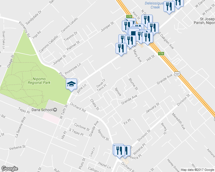 map of restaurants, bars, coffee shops, grocery stores, and more near 785 Tanis Place in Nipomo