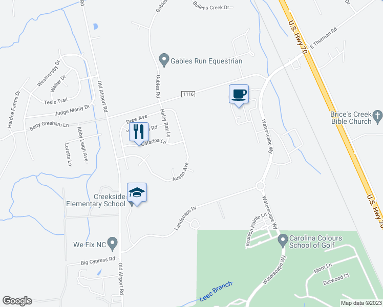 map of restaurants, bars, coffee shops, grocery stores, and more near 3237 Austin Avenue in New Bern