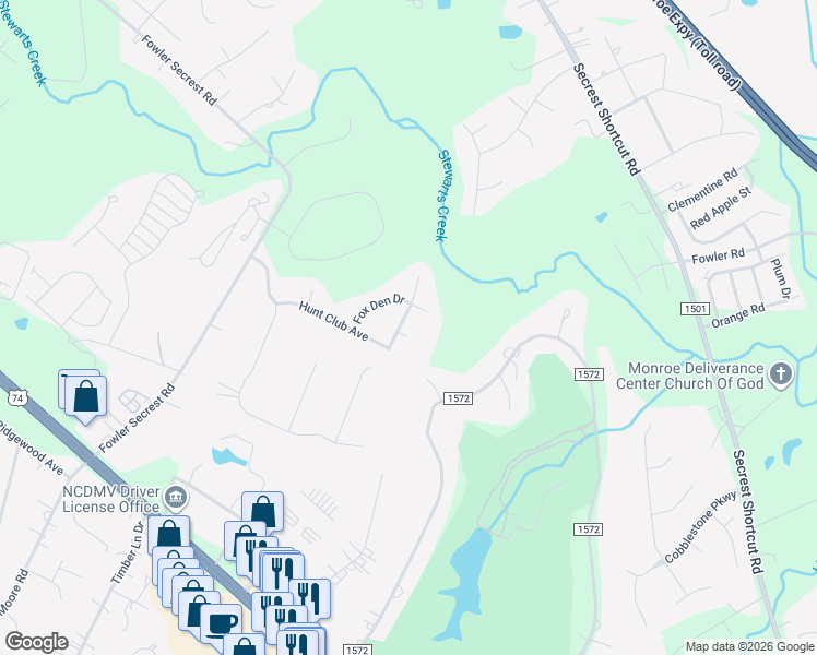 map of restaurants, bars, coffee shops, grocery stores, and more near 2806 Huntsman Lane in Monroe