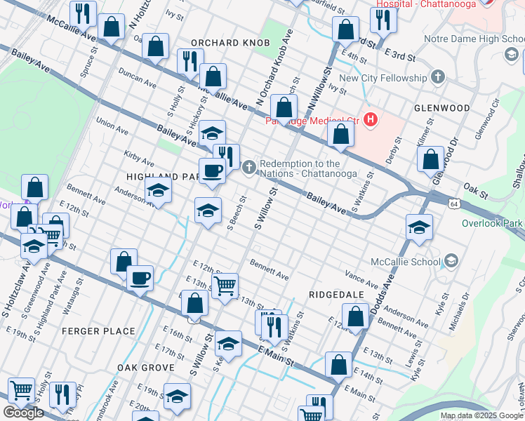 map of restaurants, bars, coffee shops, grocery stores, and more near 2017 Kirby Avenue in Chattanooga